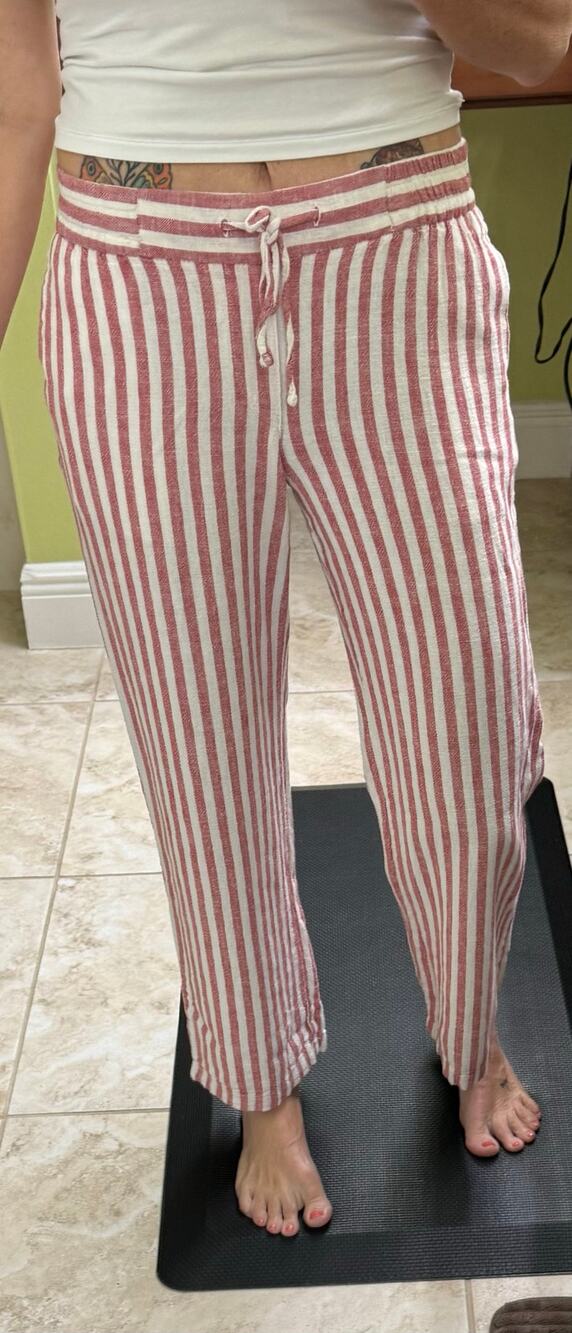 Old Navy XS red white stripe pull on pants 55% linen elastic waist